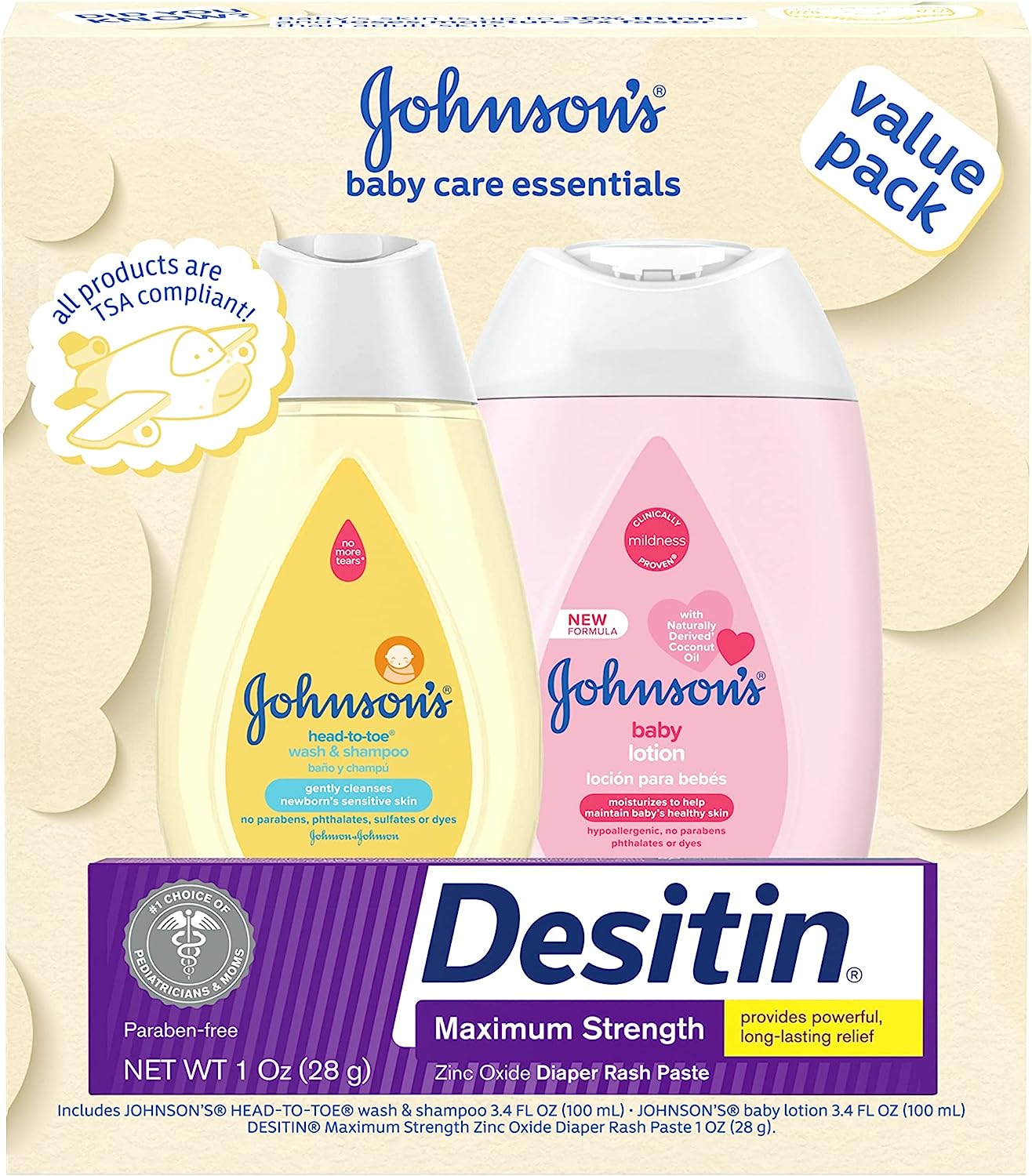230816040407234_1 Johnson's Baby Care Essentials Gift Set, Baby Skincare Set with Body Wash & Shampoo, Body Lotion, & Zinc Oxide Diaper Rash Paste for Baby's Delicate Skin, Value Pack, Travel-Size, 3 Items - Image 1